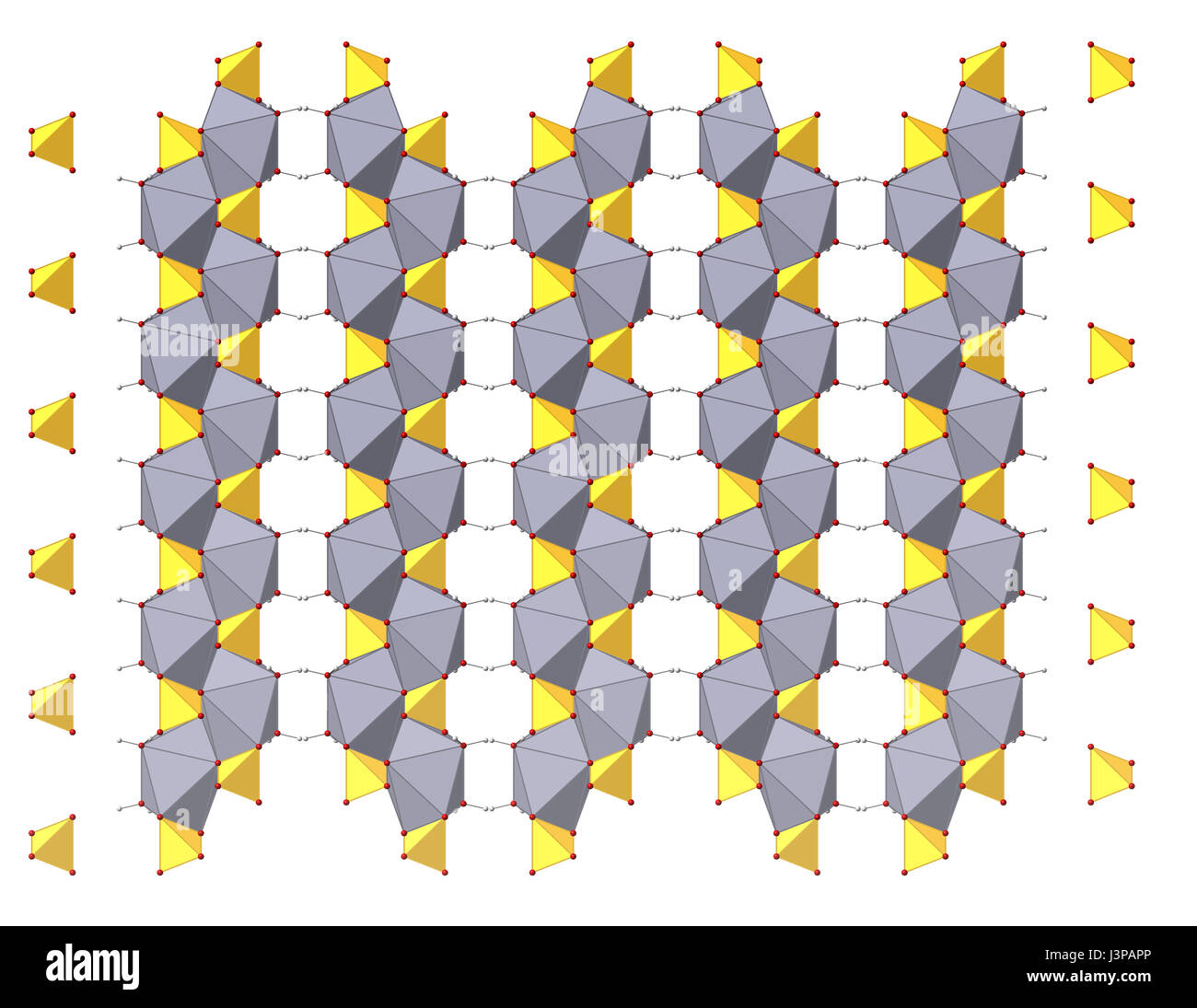 Le Gypse (sulfate de calcium dihydraté, CaSO4.H2O) minéral, la structure chimique. Utilisé comme engrais, de la production de gypse, plâtre, etc. présentés comme des atomes Banque D'Images