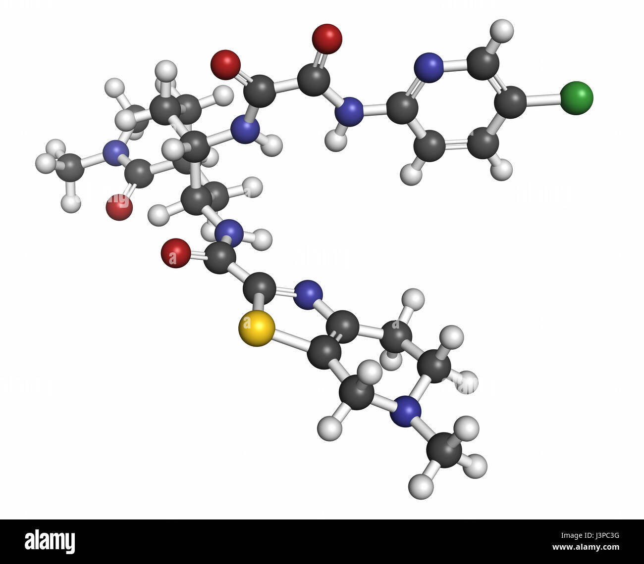 Molécule d'anticoagulant Edoxaban (inhibiteur du facteur Xa direct). Les atomes sont représentés comme des sphères classiques avec codage couleur : blanc (hydrogène), carbone Banque D'Images