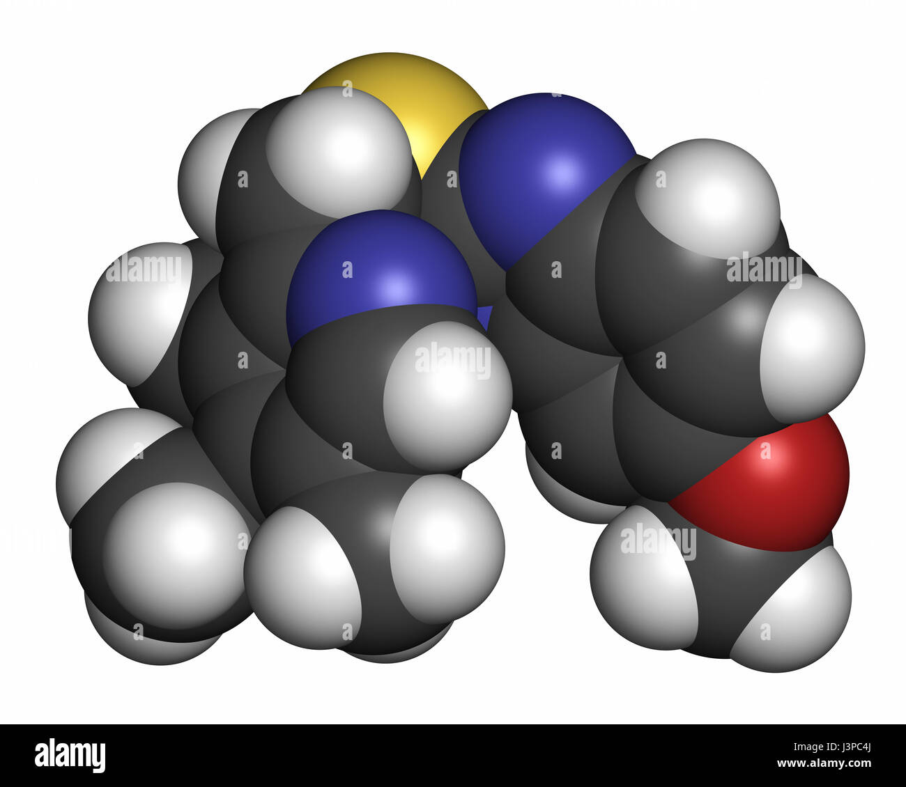 L'esoméprazole, l'ulcère peptique molécule pharmaceutique (inhibiteur de la pompe à protons). Les atomes sont représentés comme des sphères classiques avec codage couleur : blanc (hydrogène), ca Banque D'Images