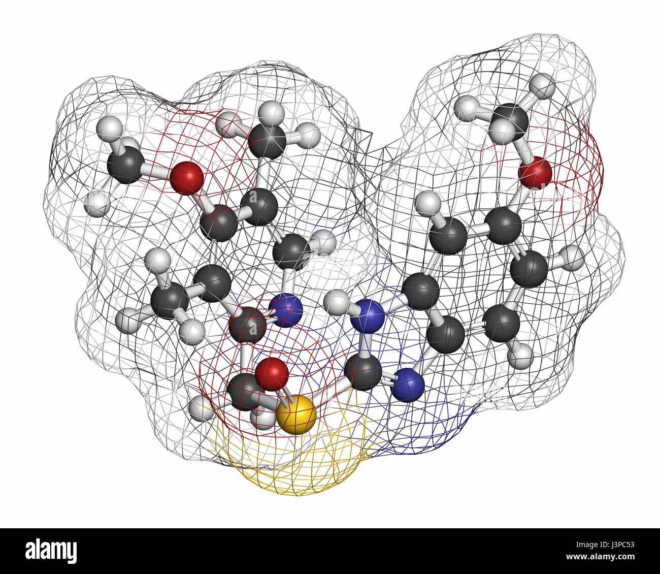 L'esoméprazole, l'ulcère peptique molécule pharmaceutique (inhibiteur de la pompe à protons). Les atomes sont représentés comme des sphères classiques avec codage couleur : blanc (hydrogène), ca Banque D'Images