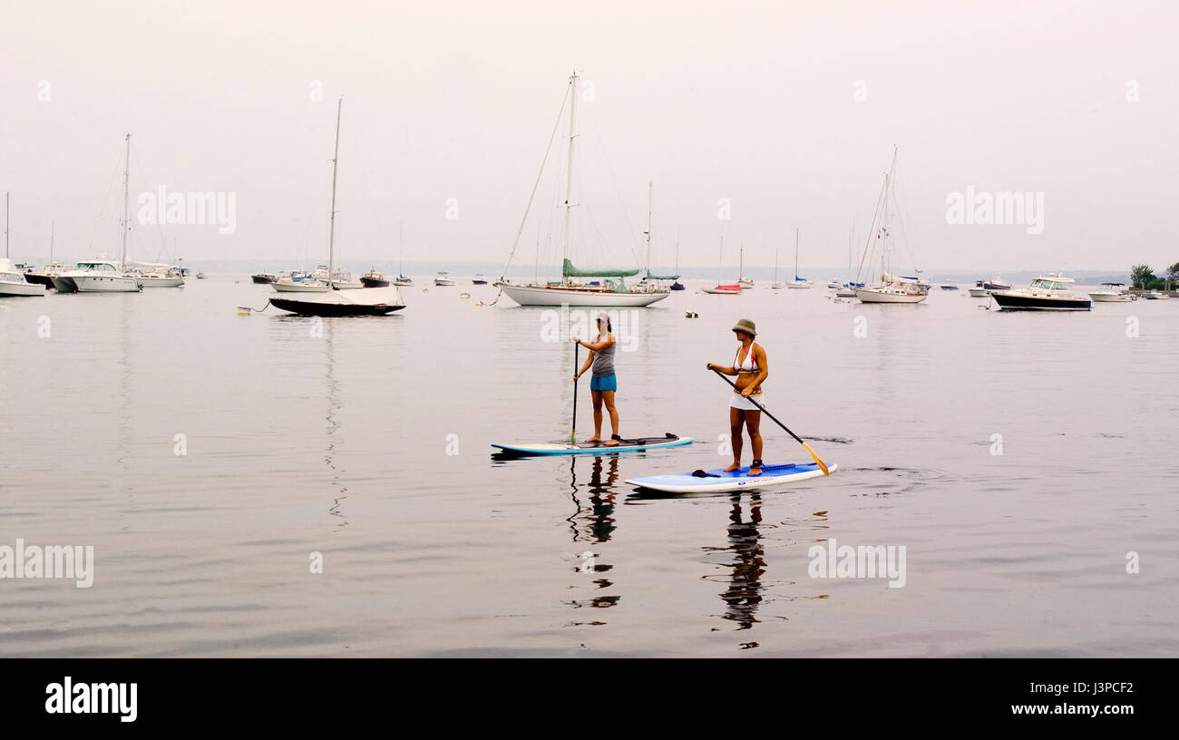 Paddleboarding sur le port dans la région de Watch Hill, Rhode Island, USA Banque D'Images