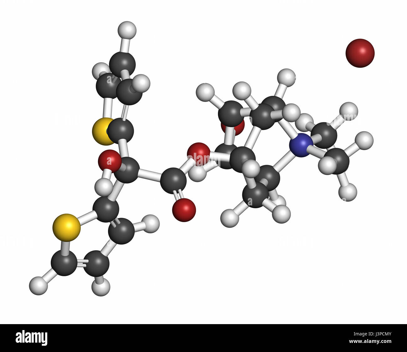 Bromure de tiotropium la bronchopneumopathie chronique obstructive (BPCO) molécule pharmaceutique. Les atomes sont représentés comme des sphères classiques avec codage couleur : hydrog Banque D'Images