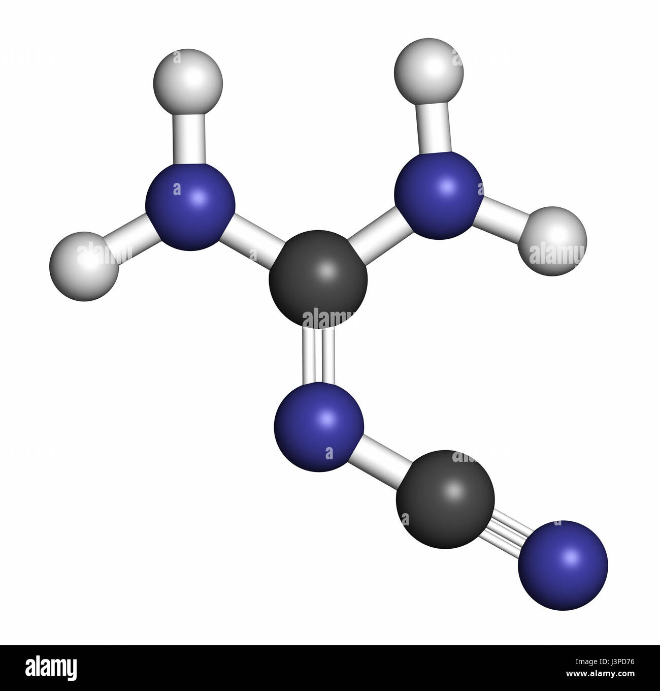 Dicyandiamide (2-cyanoguanidine, DCD) molécule. Utilisé comme engrais et en synthèse chimique. Les atomes sont représentés comme des sphères de couleur classiques Banque D'Images