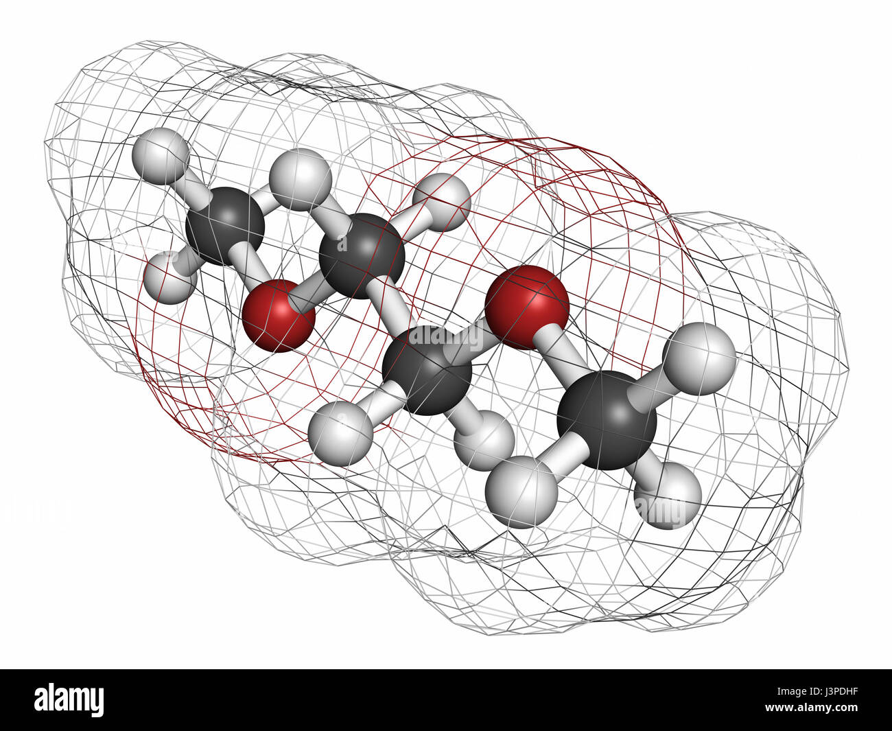 Diméthoxyéthane (glyme, monoglyme, glycol diméthyl, DME) molécule. Les atomes sont représentés comme des sphères classiques avec codage couleur : blanc (hydrogène), Banque D'Images