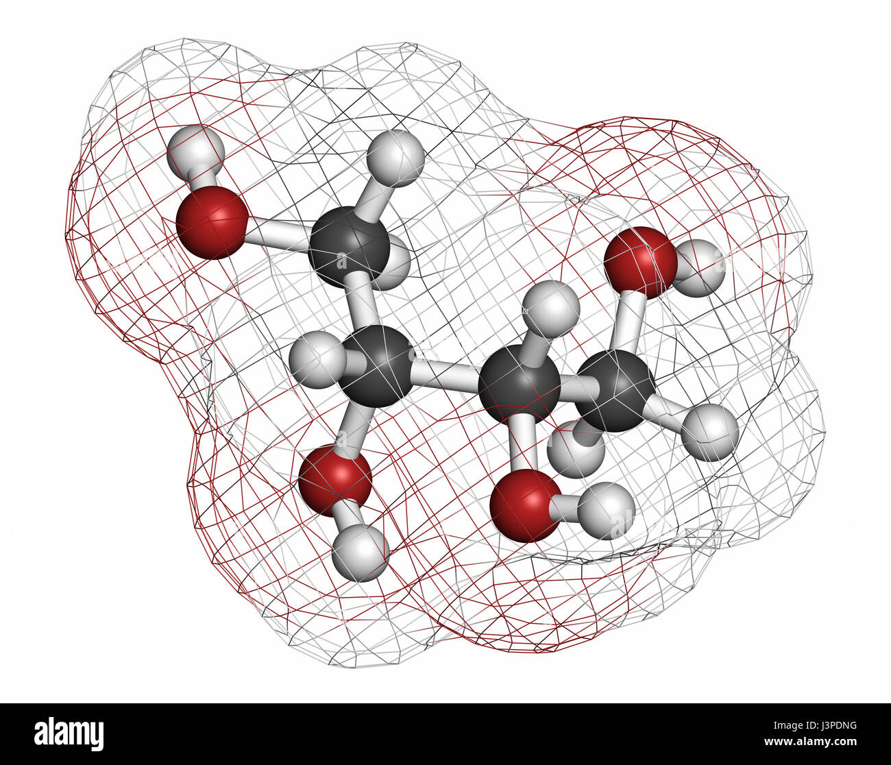 L'érythritol édulcorant non calorique molécule. Les atomes sont représentés comme des sphères classiques avec codage couleur : blanc (hydrogène), carbone (gris), l'oxygène (r Banque D'Images