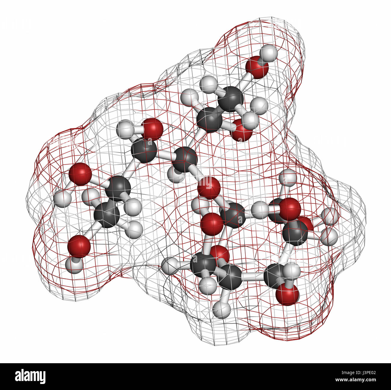 Lactitol édulcorant et molécule laxatif. Les atomes sont représentés comme des sphères classiques avec codage couleur : blanc (hydrogène), carbone (gris), l'oxygène (re Banque D'Images