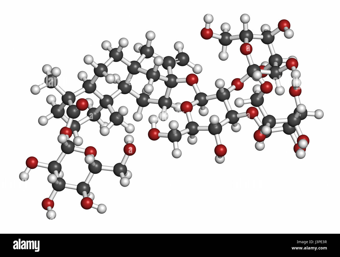 Rebaudioside une molécule. L'un des principaux glycosides de stéviol trouvés dans les plantes de stevia, utilisé comme édulcorant. Les atomes sont représentés comme des sphères avec convention Banque D'Images