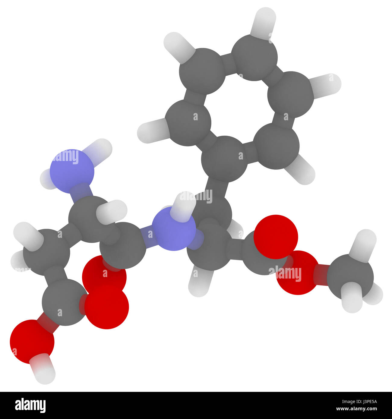 L'aspartame Édulcorant molécule (substitut du sucre). Les atomes sont représentés comme des sphères classiques avec codage couleur : blanc (hydrogène), carbone Banque D'Images