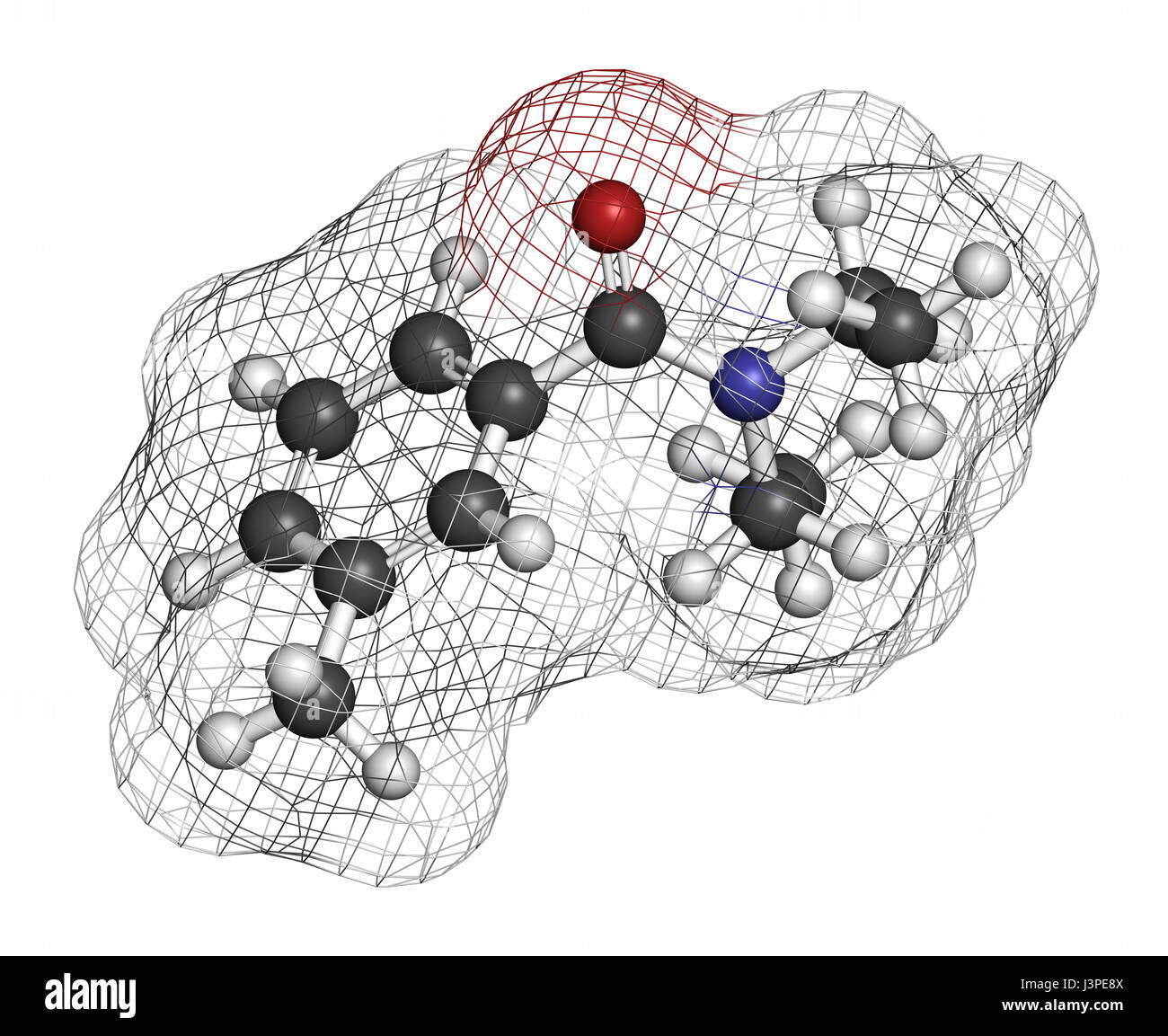 Du diéthyltoluamide (DEET, N,N-diéthyl-méta-toluamide) insectifuge molécule. Les atomes sont représentés comme des sphères classiques avec codage couleur : hydrog Banque D'Images