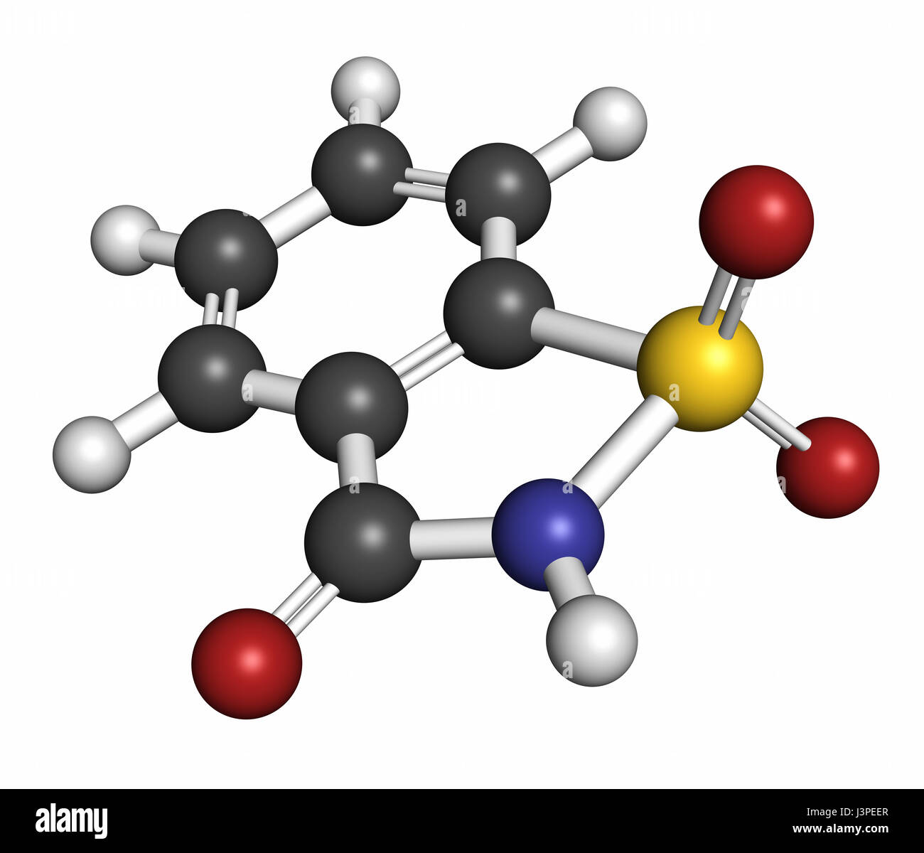 La saccharine édulcorant molécule (substitut du sucre). Les atomes sont représentés comme des sphères classiques avec codage couleur : blanc (hydrogène), carbone Banque D'Images