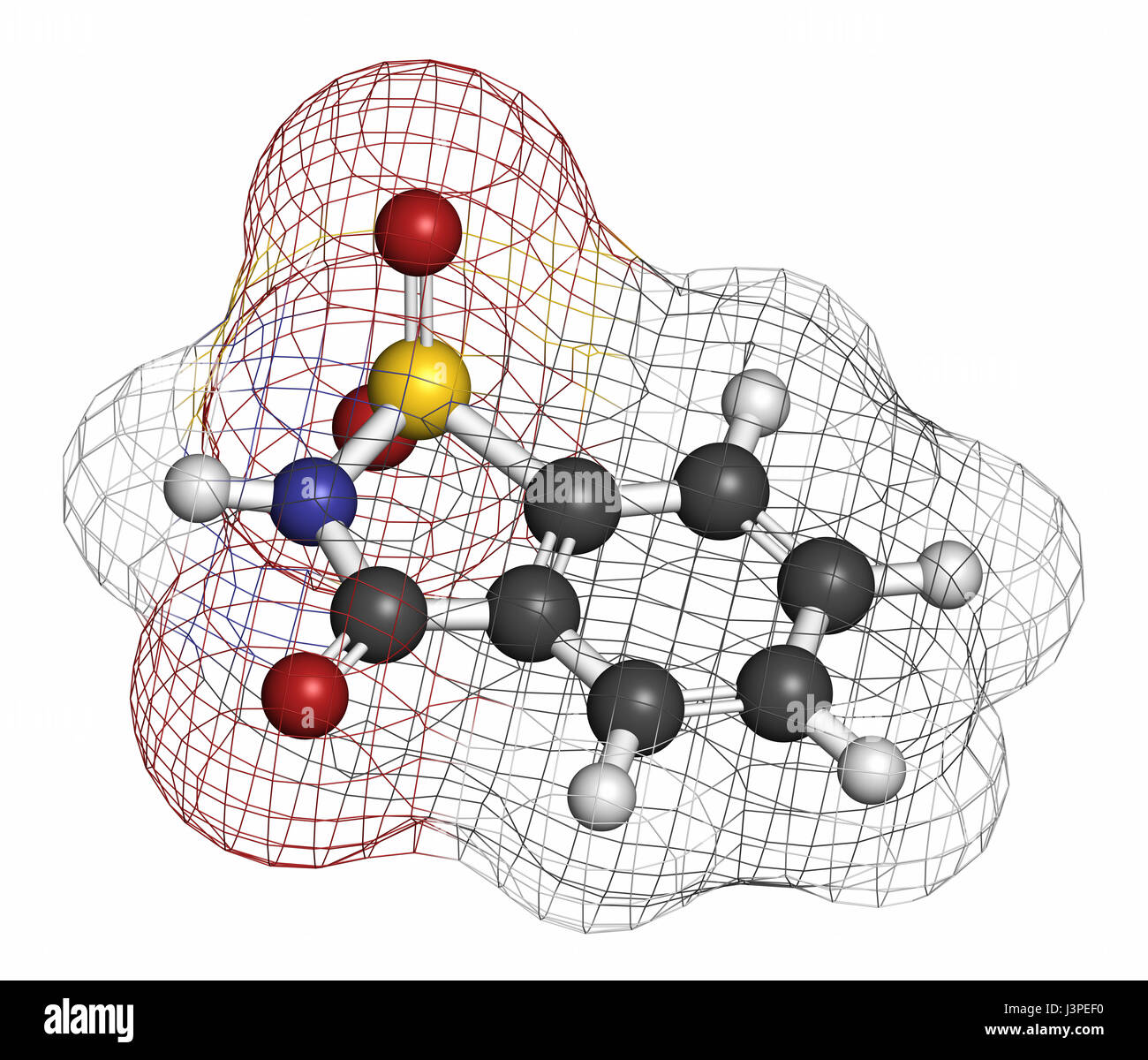 La saccharine édulcorant molécule (substitut du sucre). Les atomes sont représentés comme des sphères classiques avec codage couleur : blanc (hydrogène), carbone Banque D'Images