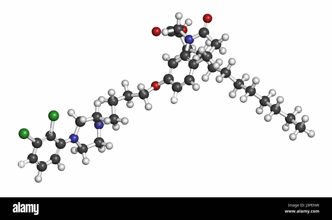 Lauroxil molécule antipsychotique aripiprazole (injectable à libération prolongée à la forme).. Les atomes sont représentés comme des sphères avec codage couleur classiques Banque D'Images