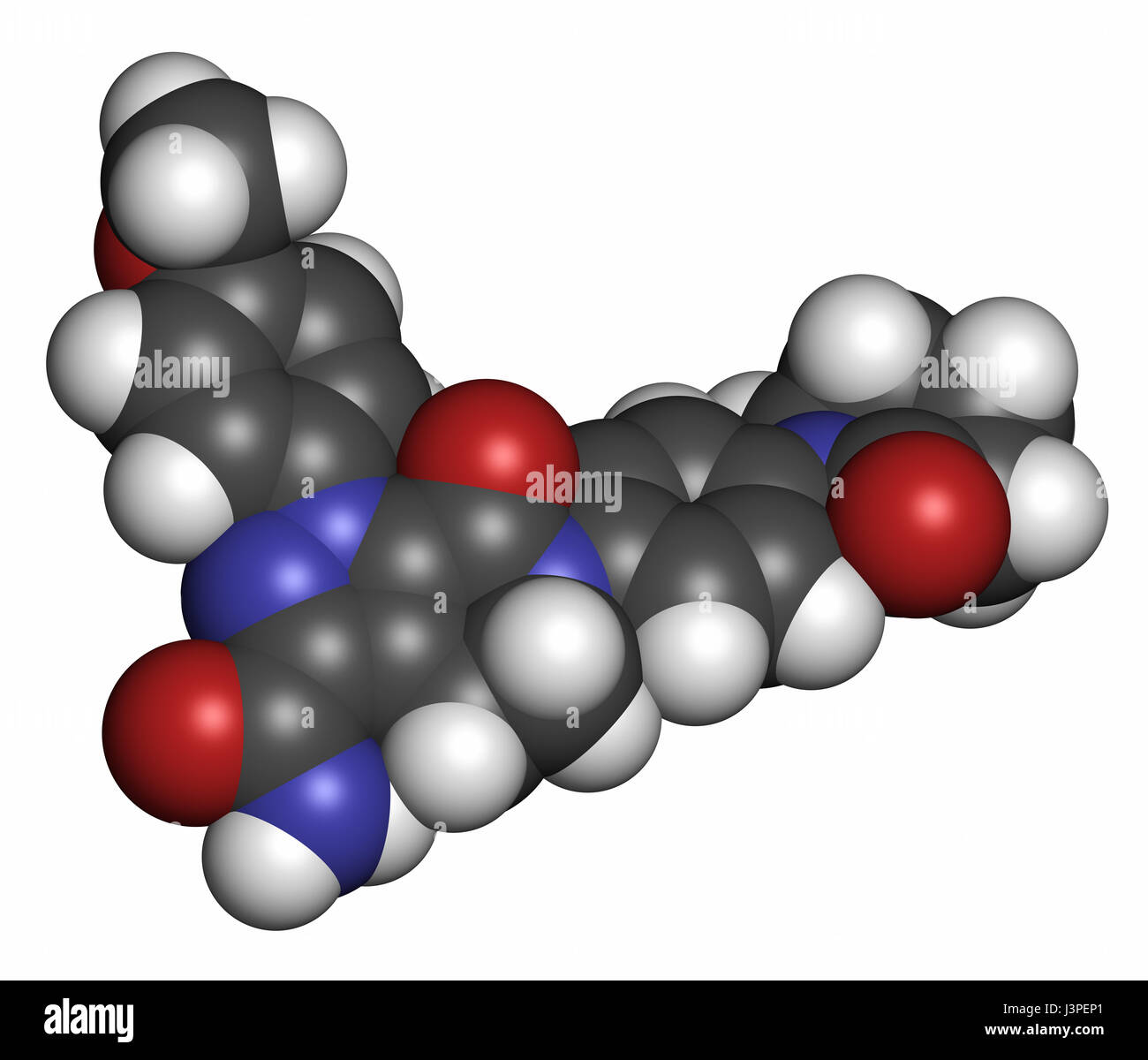 Molécule d'anticoagulant apixaban (inhibiteur du facteur Xa direct). Les atomes sont représentés comme des sphères classiques avec codage couleur : blanc (hydrogène), carbone Banque D'Images