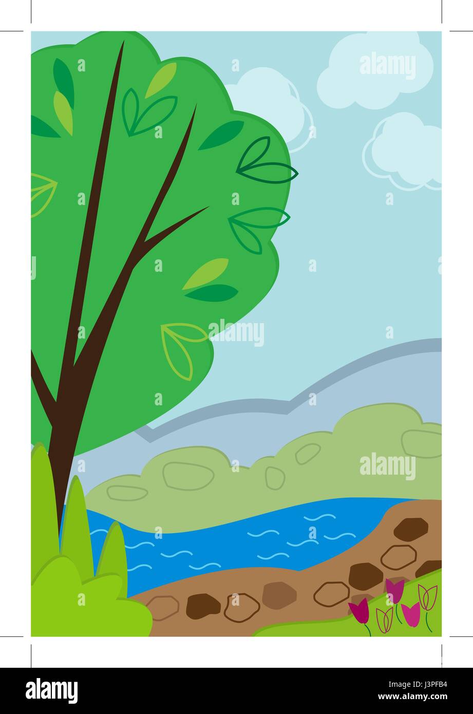Parc-Parc avec lac, arbres, fleurs et sentier de randonnée Illustration de Vecteur