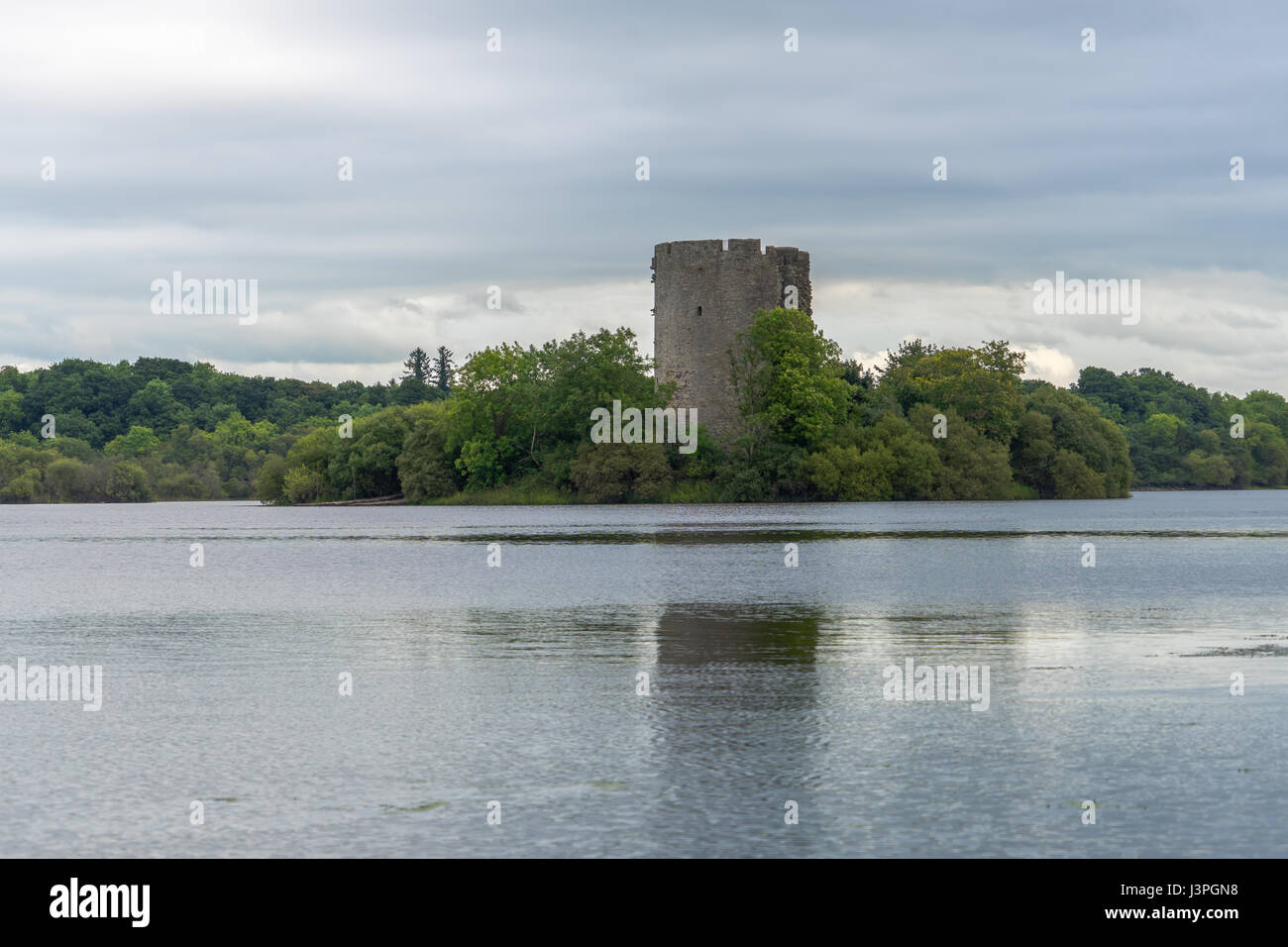 Un vieux château sur une île dans un lac en Irlande. Banque D'Images