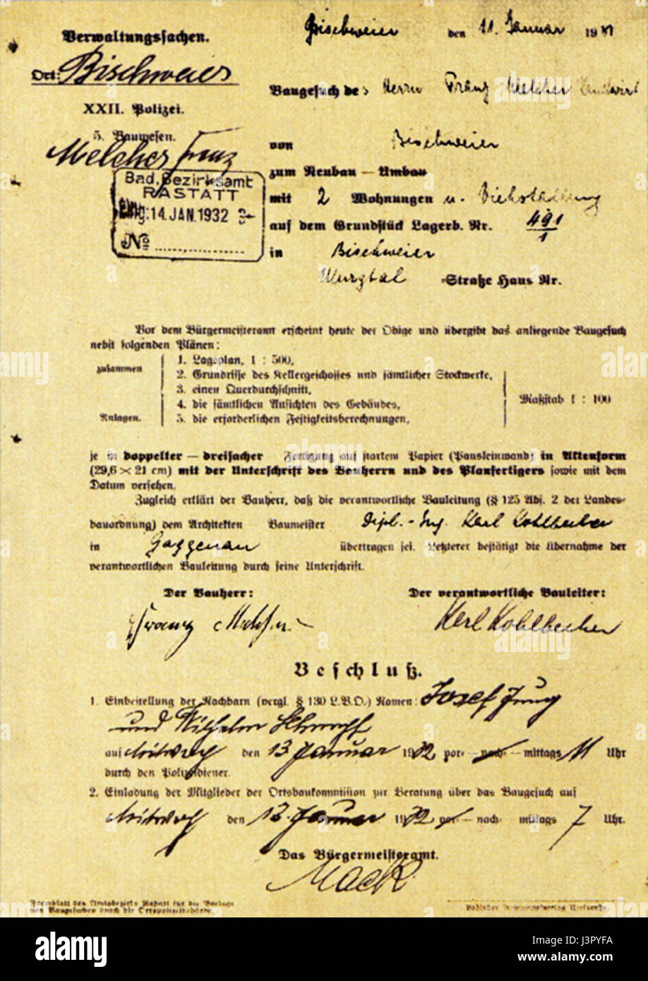 Hist 1932 Kohlb bauantrag melcher Banque D'Images