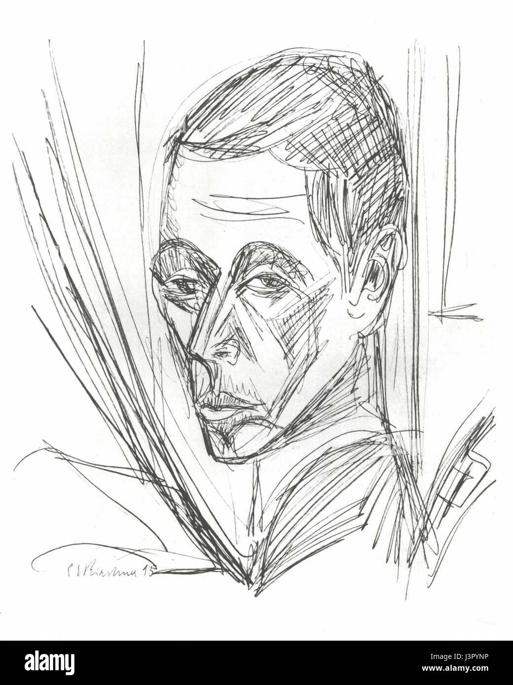 'Kirchner Selbstbildnis 1915' est un autoportrait de l'artiste expressionniste allemand Ernst Ludwig Kirchner. Cette pièce reflète son intensité émotionnelle et son utilisation innovante de la couleur, typique du mouvement expressionniste, capturant son agitation intérieure et sa profondeur psychologique. Banque D'Images