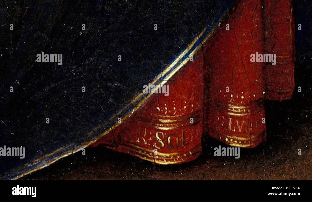 Ce détail de 'la Vierge dans l'église' par Jan van Eyck montre une vue rapprochée des figures religieuses dans un cadre d'église. Le style méticuleux de Van Eyckâ€™ est évident dans le rendu détaillé des figures et de l'architecture. Banque D'Images