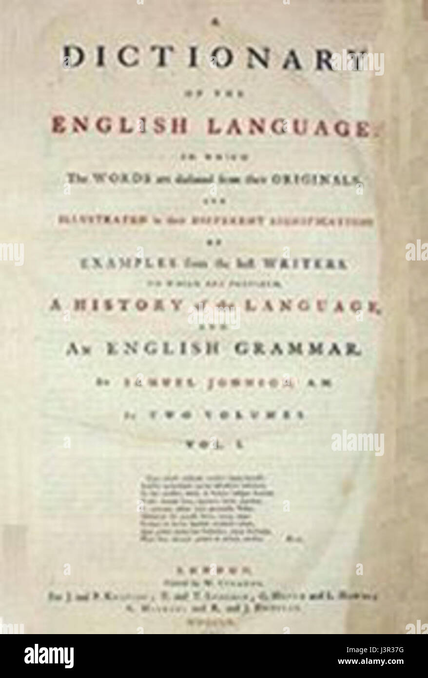 Le Johnson Dictionary fait référence au dictionnaire influent de Samuel Johnson du XVIIIe siècle de la langue anglaise. Publié en 1755, il a été l'un des premiers dictionnaires complets et a marqué de manière significative le développement de la lexicographie anglaise. Banque D'Images