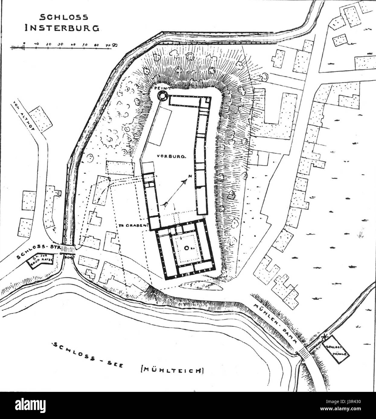 Une carte historique d'Insterburg, une ville de Prusse orientale, montrant la disposition de la ville et ses environs au XIXe siècle. Banque D'Images