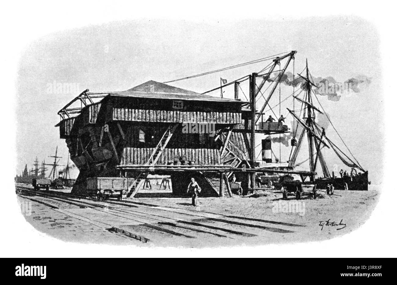 Kiel Kohlensieberei fait référence à une installation historique de criblage du charbon à Kiel, en Allemagne, utilisée au XIXe et au début du XXe siècle pour préparer du charbon à des fins industrielles. Ce processus était essentiel pour la production et la distribution du charbon dans la région. Banque D'Images