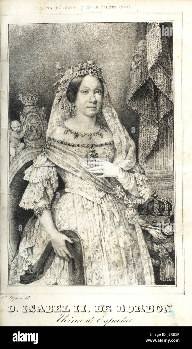 Isabelle II d'Espagne, fille de Ferdinand VII, règne de 1833 à 1868. Son règne fait face à des troubles politiques et à des défis, y compris les guerres carlistes. Calbo Cabrera fait référence à une importante famille noble espagnole. Banque D'Images Isabelle II d'Espagne, fille de Ferdinand VII, règne de 1833 à 1868. Son règne fait face à des troubles politiques et à des défis, y compris les guerres carlistes. Calbo Cabrera fait référence à une importante famille noble espagnole. Banque D'Images