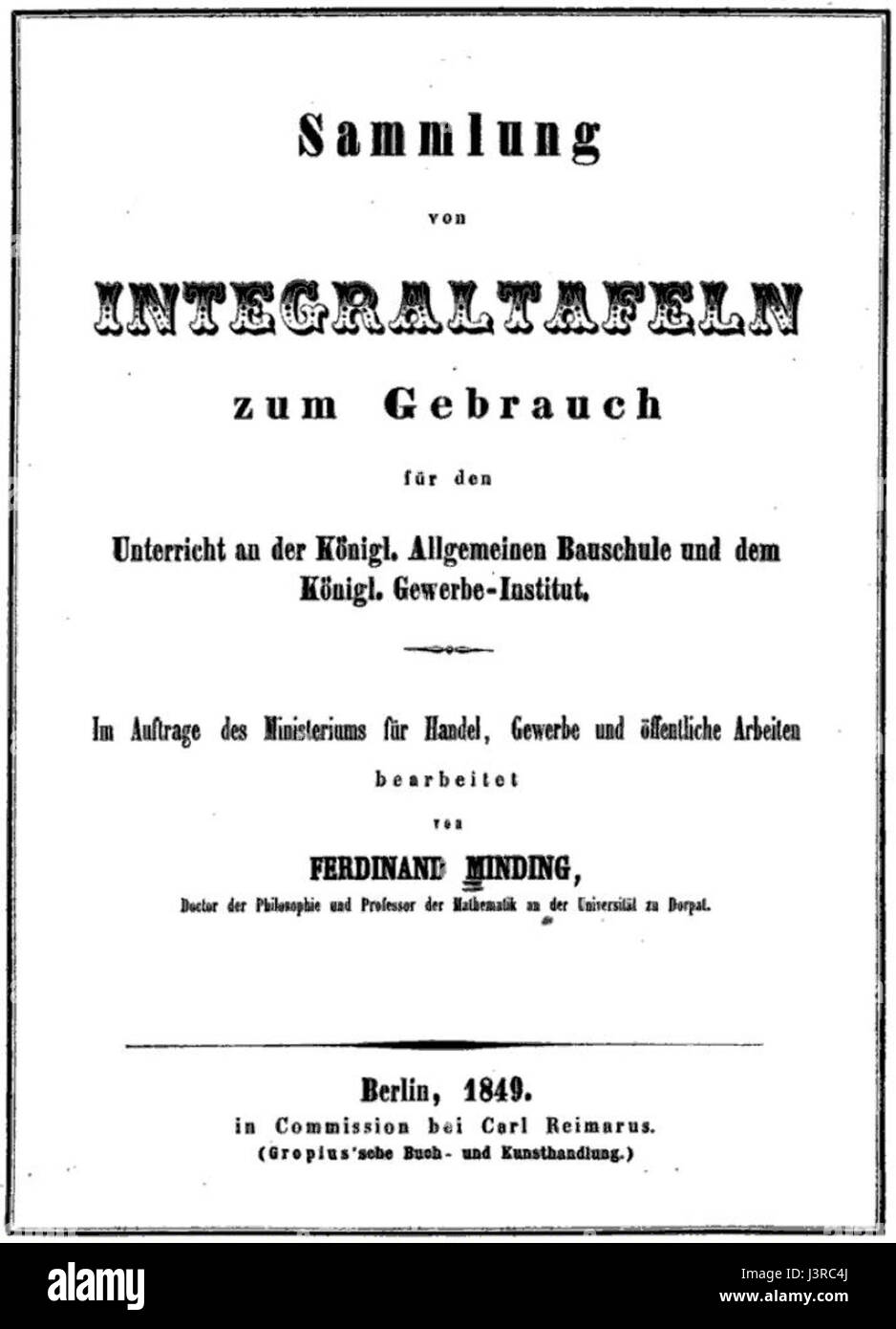 Une représentation de la table intégrale de 1849 par le mathématicien danois Minding, présentant son travail en géométrie et le développement des concepts mathématiques au XIXe siècle. Banque D'Images