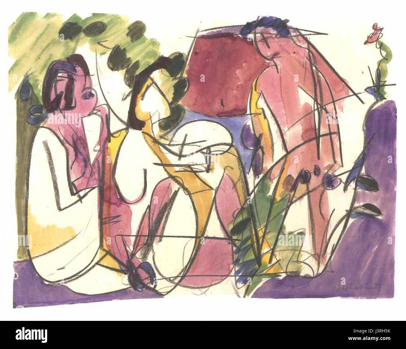 'Zwei sitzende Frauen und ein schreitender Mann' de Kirchner est une œuvre expressionniste mettant en vedette deux femmes assises et un homme debout. La peinture met en valeur l'accent de l'artiste sur les figures humaines et l'intensité émotionnelle, commune dans ses œuvres. Banque D'Images