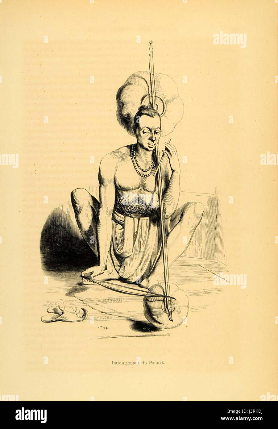 Cette œuvre représente un Indien jouant du pennak, un instrument de musique traditionnel utilisé dans certains rituels culturels indiens. L'image souligne l'importance de la musique dans le patrimoine indien et son importance culturelle. Banque D'Images