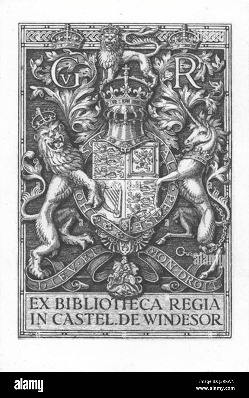La bibliothèque du roi George V, conçue par George Eve, est un exemple notable de design graphique du début du XXe siècle. Il présente des symboles royaux et est associé à la monarchie britannique, représentant l'esthétique et la sensibilité du design de l'époque. Banque D'Images