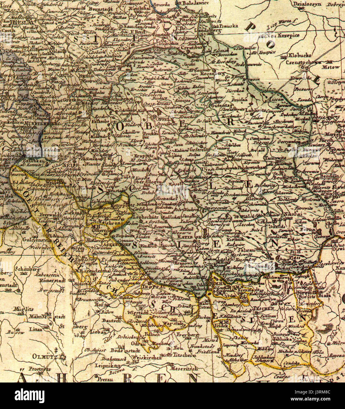 La carte de haute-Silésie (Oberschlesien) de 1818 fournit une représentation géographique détaillée de la région au début du XIXe siècle. Il met en évidence les frontières territoriales et les colonies de peuplement importantes de l'époque. Banque D'Images