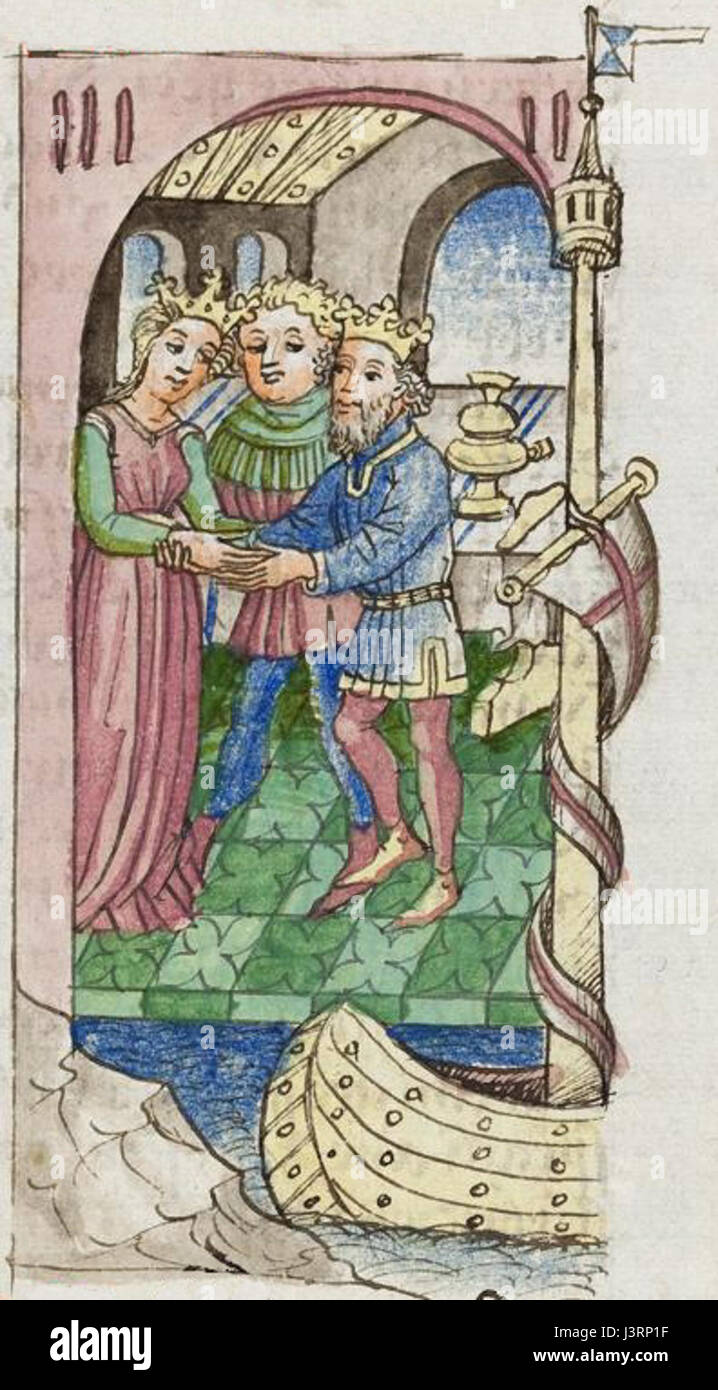 Cette image, tirée de la Gesta Romanorum, une collection médiévale d'histoires, fait partie du manuscrit de Donaueschingen, qui contient des récits de leçons morales et religieuses de l'époque romaine, conservé en Allemagne. Banque D'Images