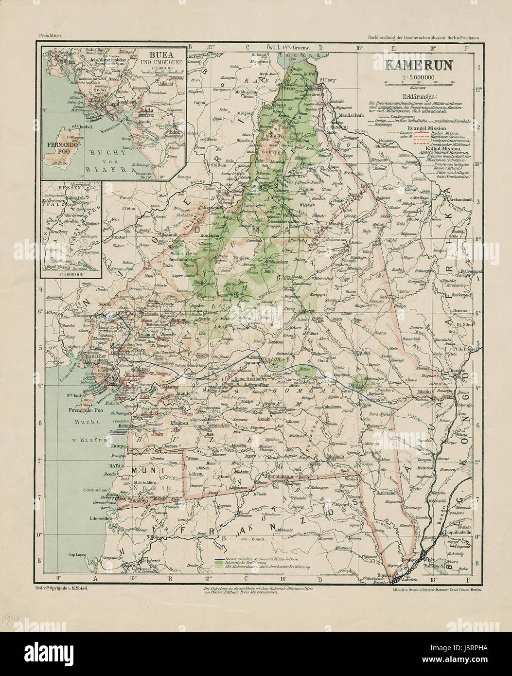 La 'Missionskarte' de Kamerun est une carte historique qui illustre les activités missionnaires et les caractéristiques géographiques du Cameroun. Il donne un aperçu de la période coloniale et de la propagation du christianisme dans la région. Banque D'Images