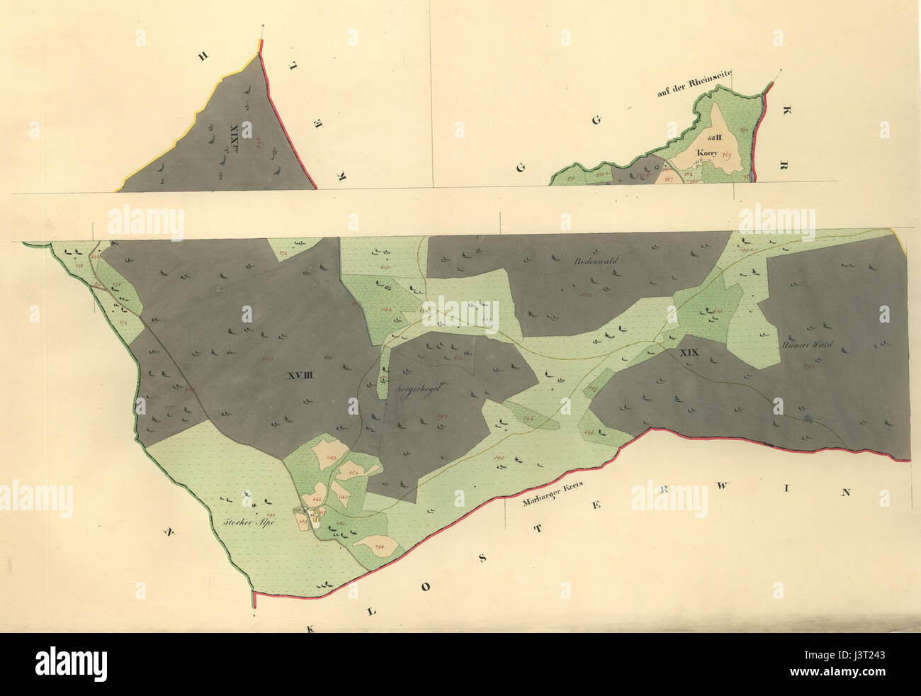 Le 'Kataster Mappenkopie Pack' fait référence à une collection de documents historiques d'enregistrement foncier, en particulier des XVIIIe et XIXe siècles, décrivant le développement de la propriété et de l'utilisation des terres. Ces documents étaient souvent utilisés à des fins juridiques et administratives. Banque D'Images Le 'Kataster Mappenkopie Pack' fait référence à une collection de documents historiques d'enregistrement foncier, en particulier des XVIIIe et XIXe siècles, décrivant le développement de la propriété et de l'utilisation des terres. Ces documents étaient souvent utilisés à des fins juridiques et administratives. Banque D'Images