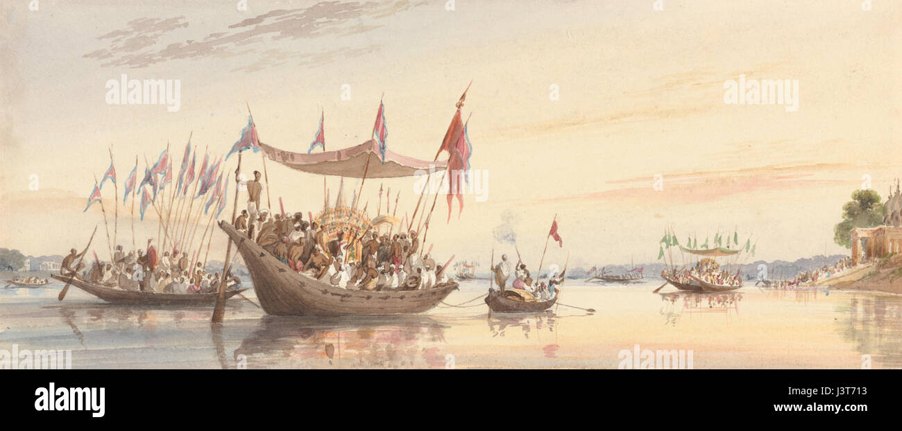 Isherah Procession de l'eau, de l'image de l'Immersion à son précédent Doorga au coucher du soleil par William Famille Prinsep Banque D'Images