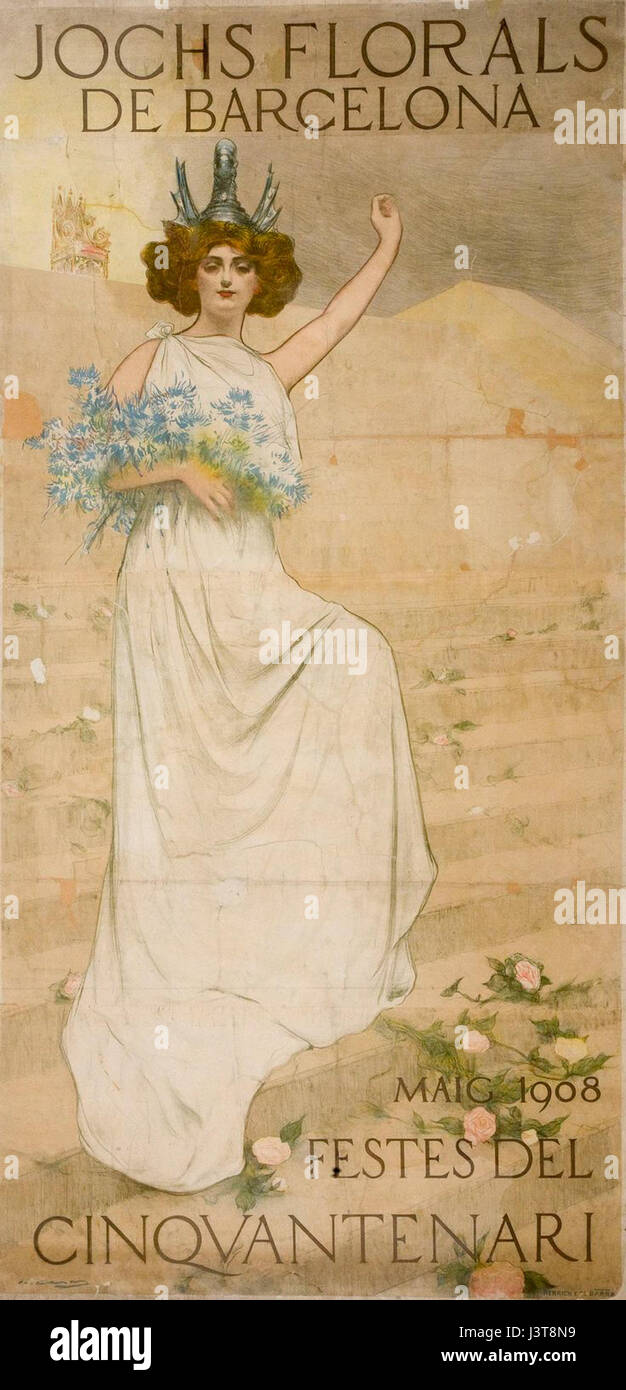 Jocs Florals fait référence à un concours littéraire catalan organisé chaque année à Barcelone. L'événement de 1908 a perpétué la tradition de célébration de la poésie et des arts littéraires, favorisant l'identité culturelle et la créativité régionales. Banque D'Images