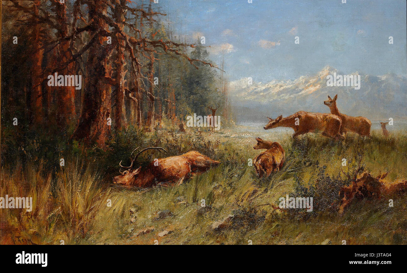 « Paysage avec cerfs en jachère » de John Fery est une œuvre d'art qui représente un paysage naturel serein mettant en vedette des cerfs en jachère. La peinture capture la beauté de la nature et de la faune dans un cadre tranquille. Banque D'Images