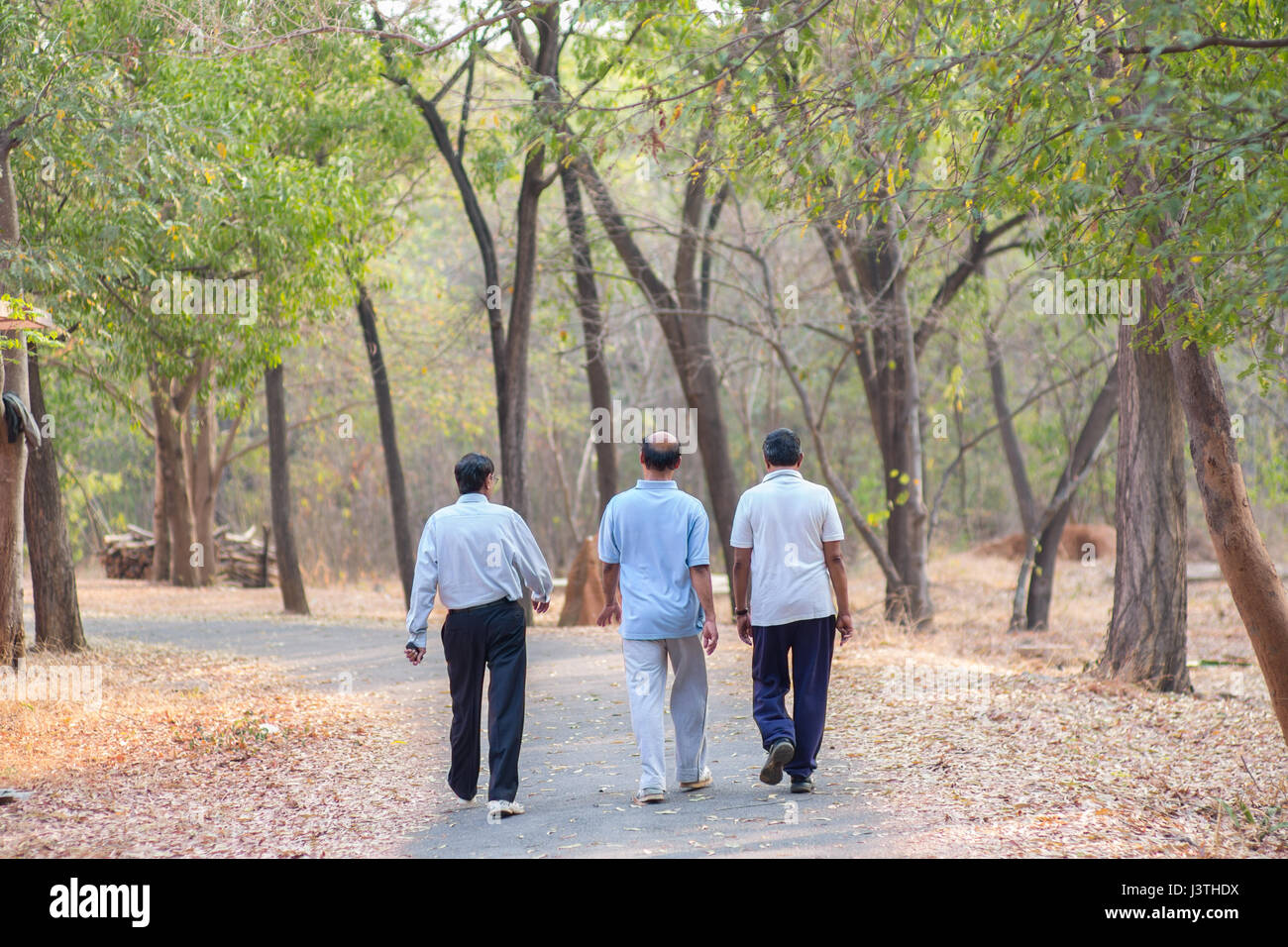 Les hommes marcher dans un parc à Bangalore, Inde. Banque D'Images