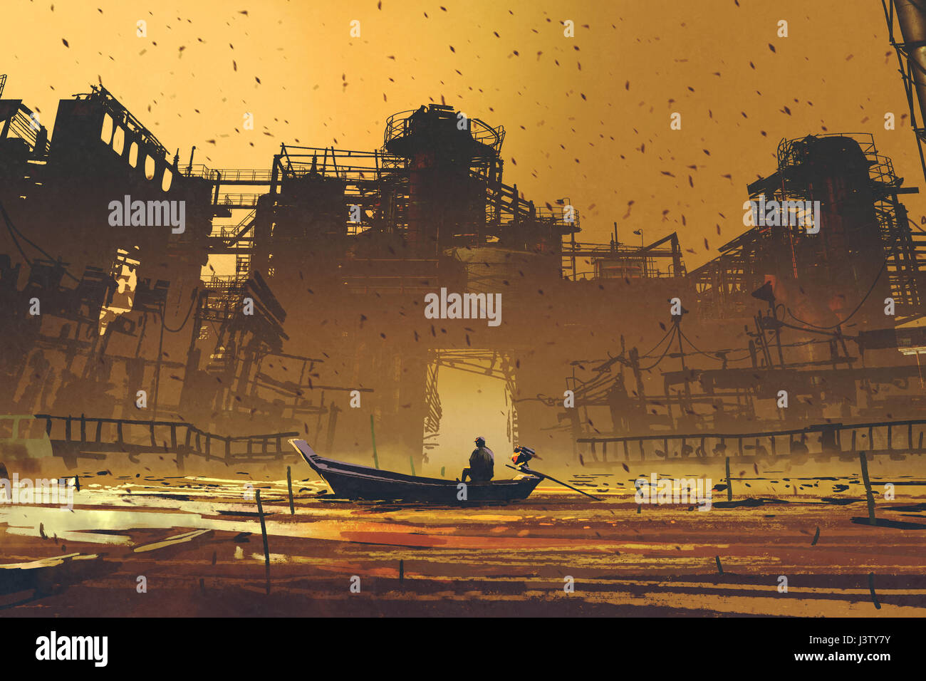 L'homme sur un bateau flottant sur la mer contre des bâtiments abandonnés avec style d'art numérique, illustration peinture Banque D'Images