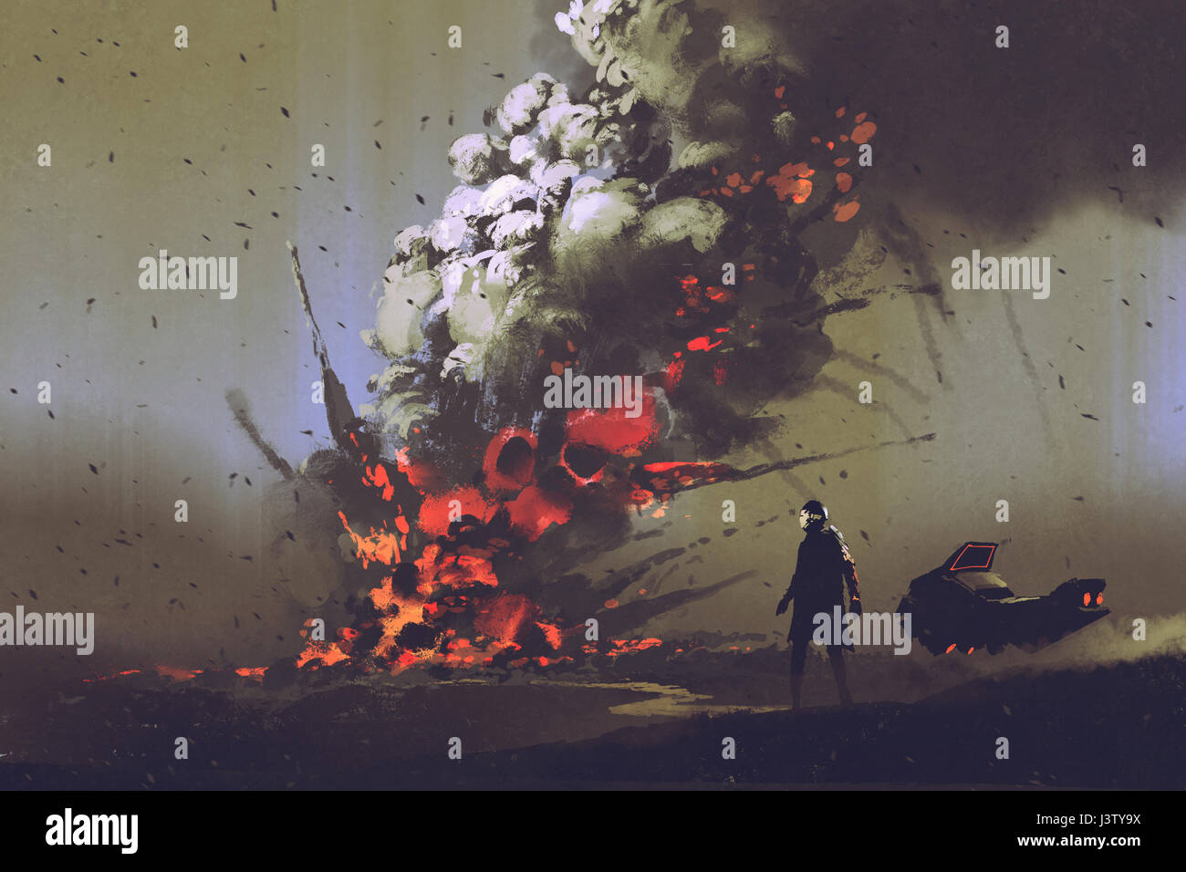 Scène de science-fiction de l'homme avec son véhicule à la recherche à l'explosion d'une bombe sur le terrain, illustration peinture Banque D'Images