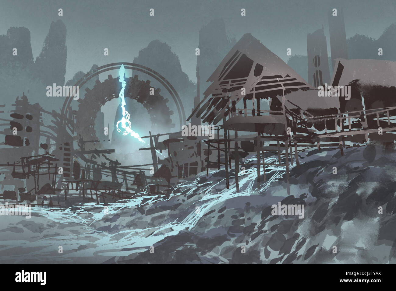 Paysage de fantaisie de village abandonné avec l'arrière-plan sur l'horloge géante, illustration peinture Banque D'Images