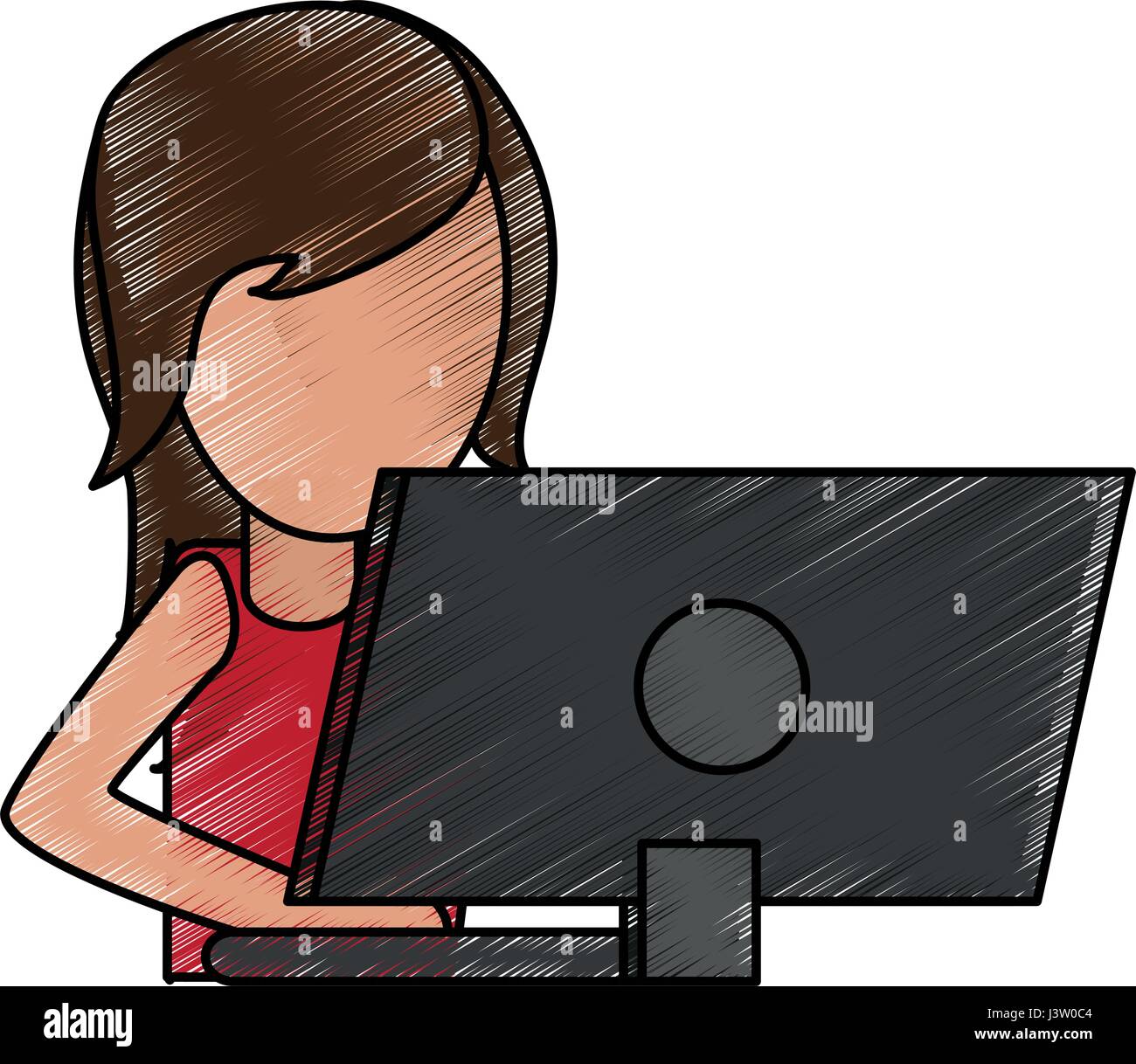 Crayons de couleur dessin animé image moitié du corps sans visage woman with laptop computer Illustration de Vecteur