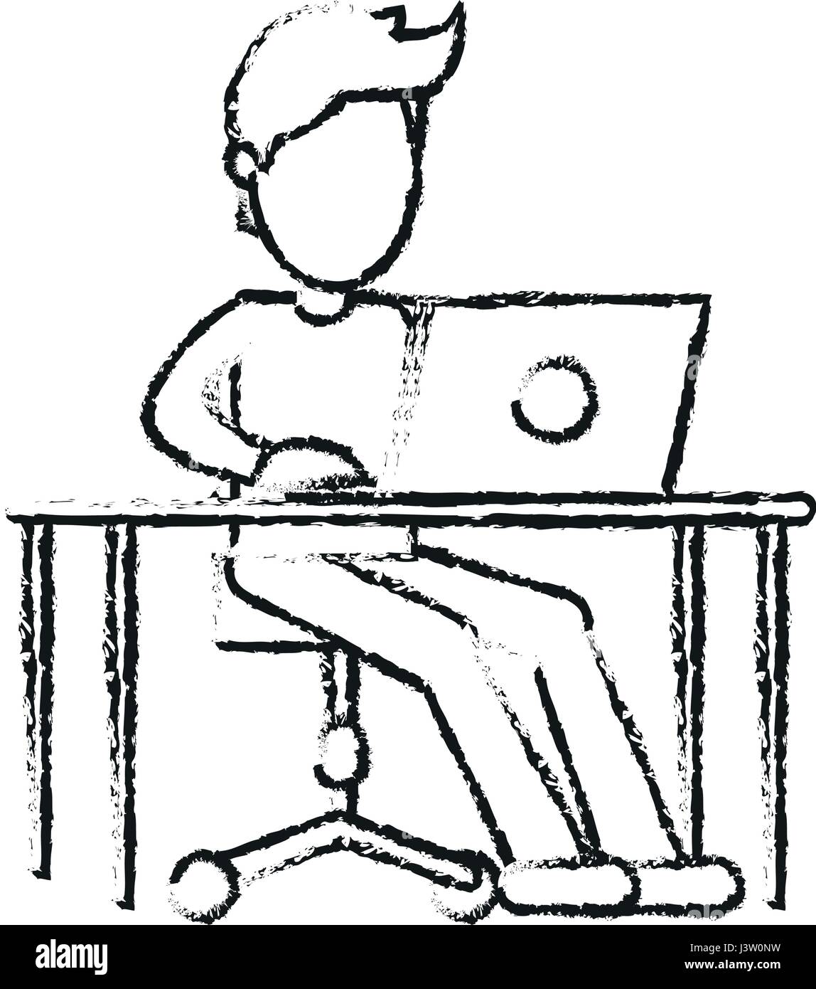 La silhouette d'une image brouillée homme sans visage assis dans un bureau avec un ordinateur portable Illustration de Vecteur