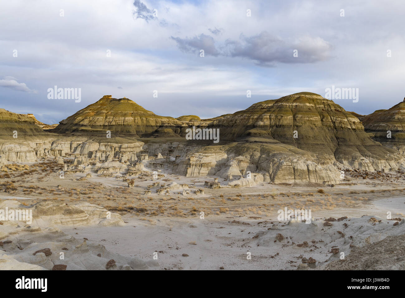 Région sauvage de Bisti ou de-Na-Zin ou terrains de montagne et désert par une journée nuageux, Nouveau-Mexique Banque D'Images