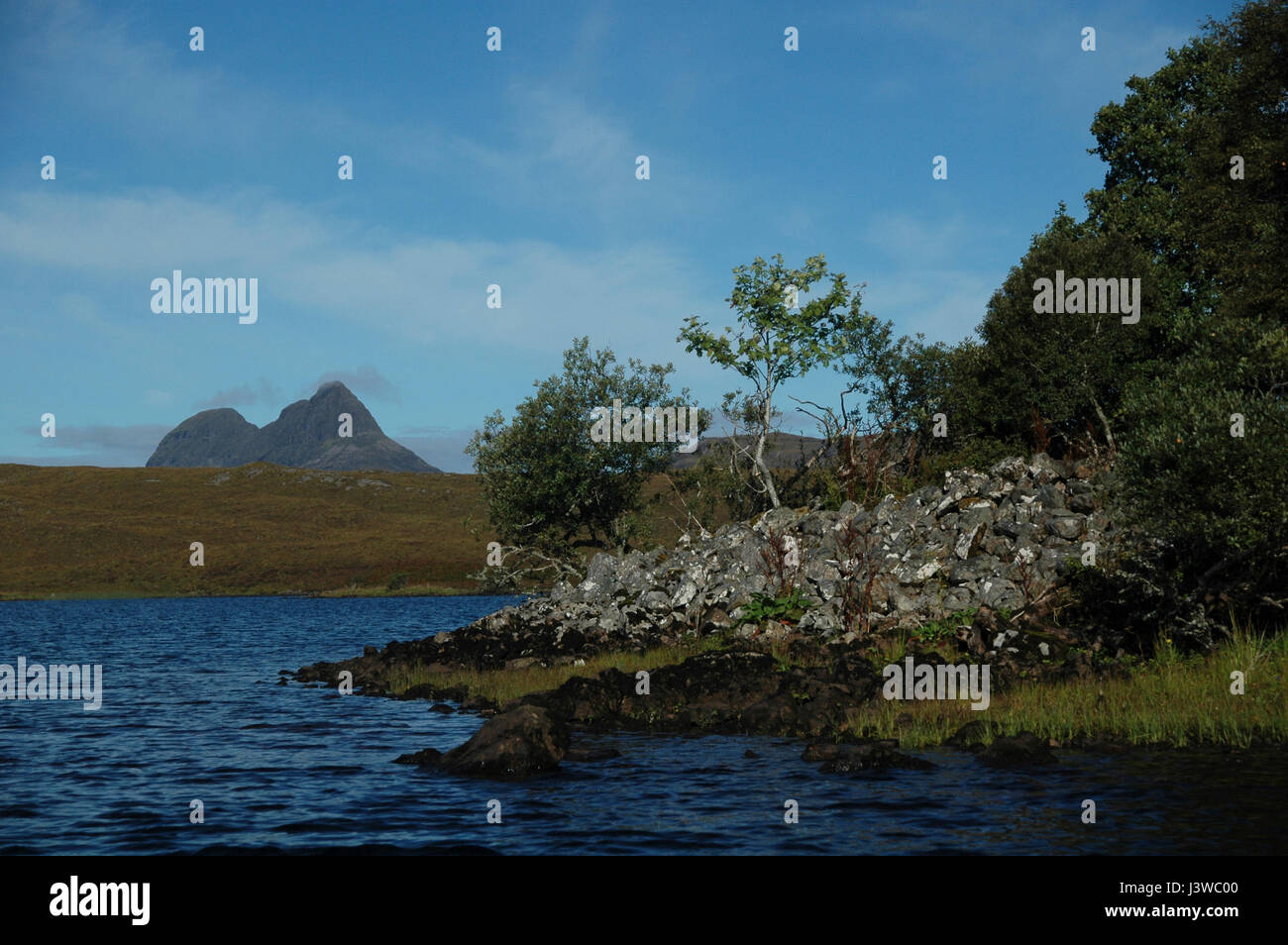 Scottish Highland à distance dans le loch Assynt Banque D'Images