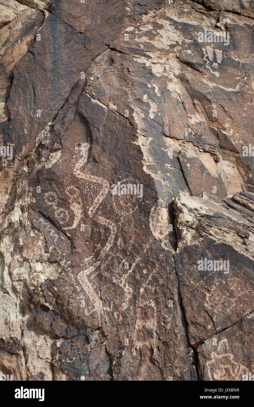 Des pétroglyphes (y compris l'image d'un serpent) à Parowan Gap, Utah. Banque D'Images
