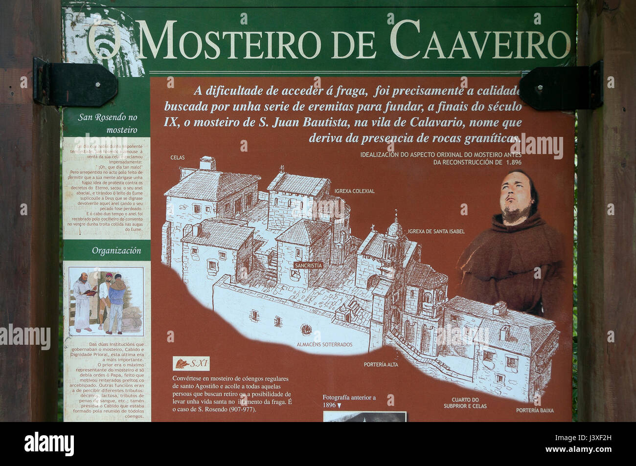 Monastère bénédictin de San Juan de Caaveiro (10e siècle), l'affiche informative-Pontedeume, province de La Corogne, une région de Galice, Espagne, Europe Banque D'Images