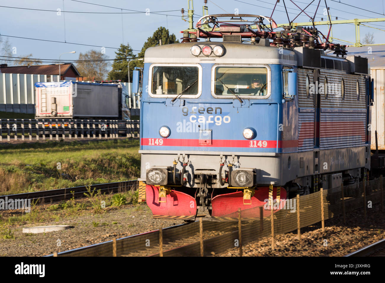 Vue avant le jour de l'approche Green Cargo locomotive communiqué de modèle : N° des biens : Non. Banque D'Images