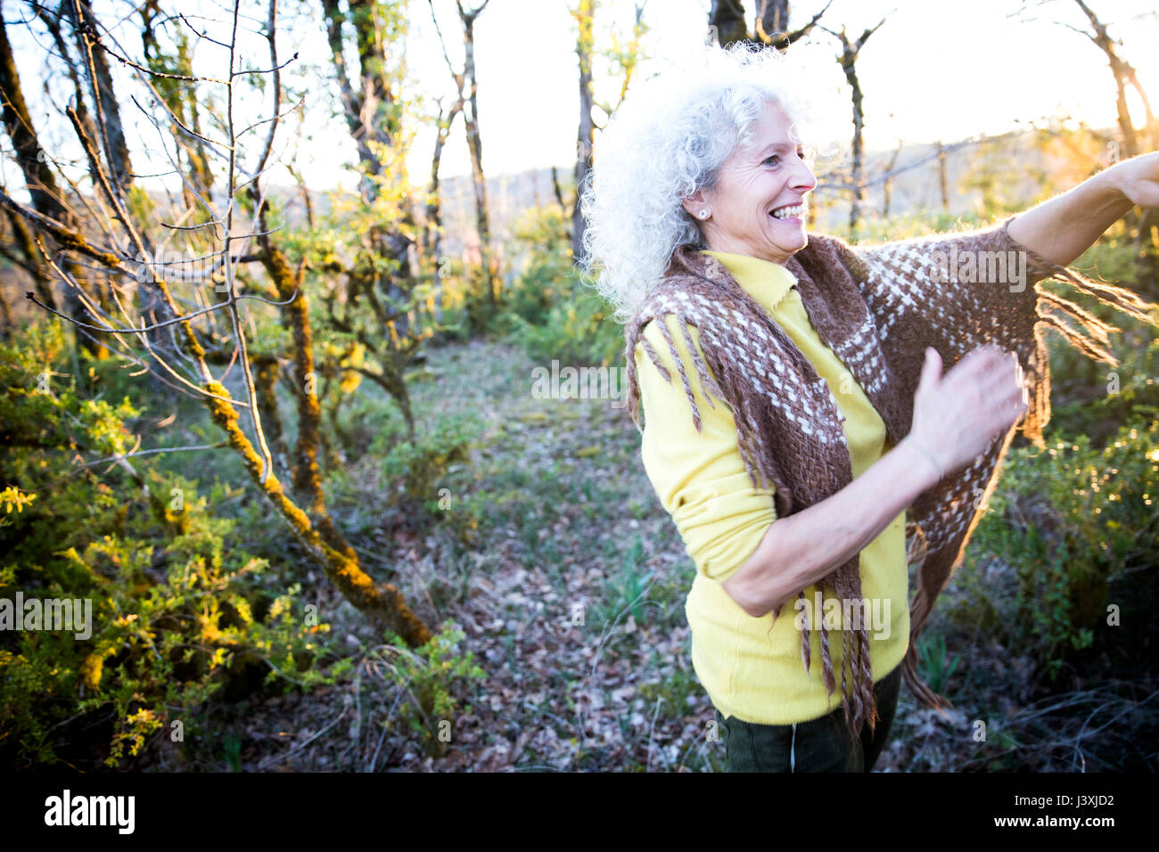 Femme mature dans les bois frotter au coucher du soleil Banque D'Images