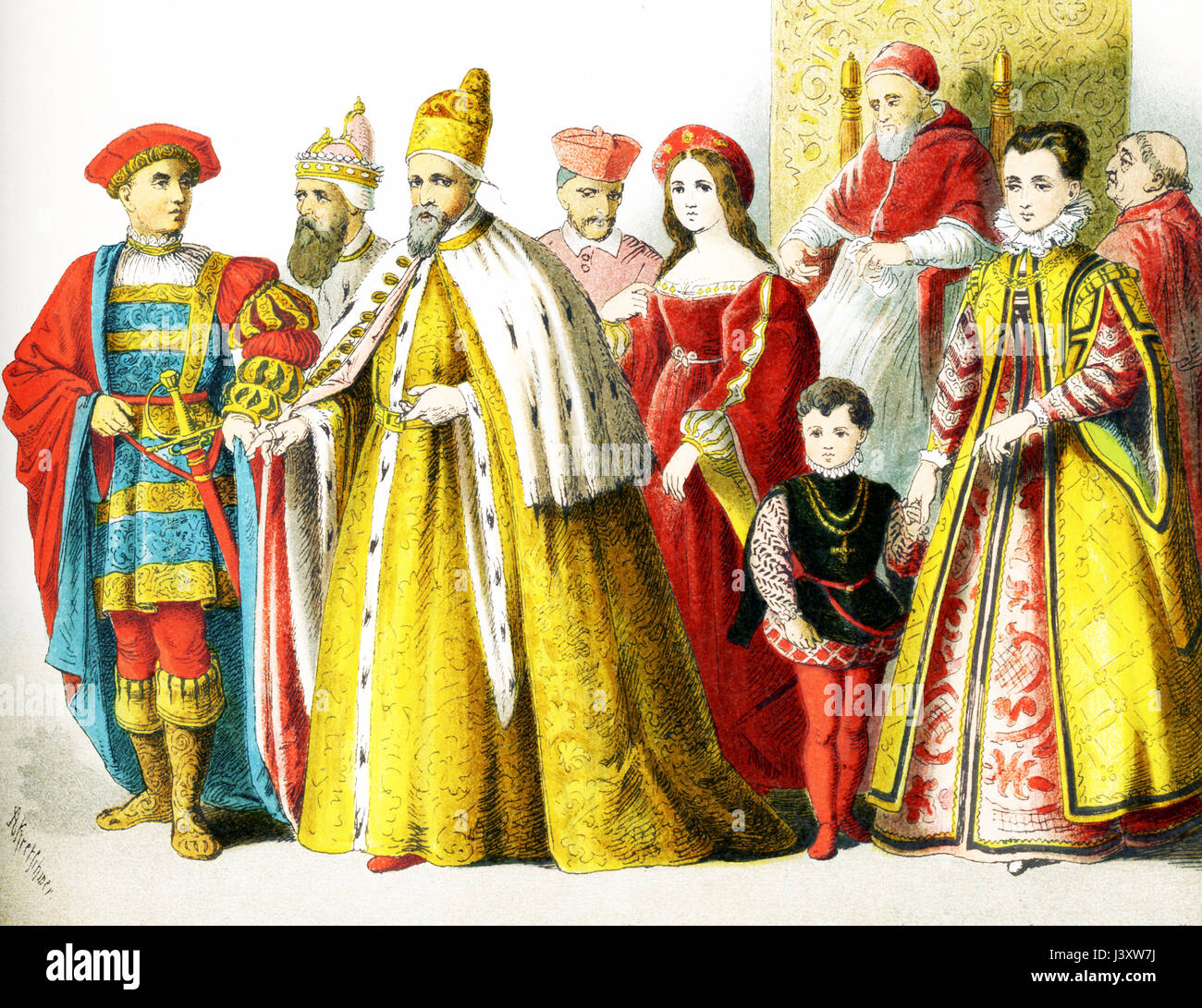 Les chiffres ci-dessus représentent les Italiens autour de 1500 A.D. Ils sont de gauche à droite : un homme de rang, Doge de Venise, le Doge de Venise, le cardinal en robe de chambre, la femme de rang, le Pape en maison-dress : Jules II, femme de rang avec son fils, le cardinal en robe de chambre. L'illustration dates à 1882. Banque D'Images